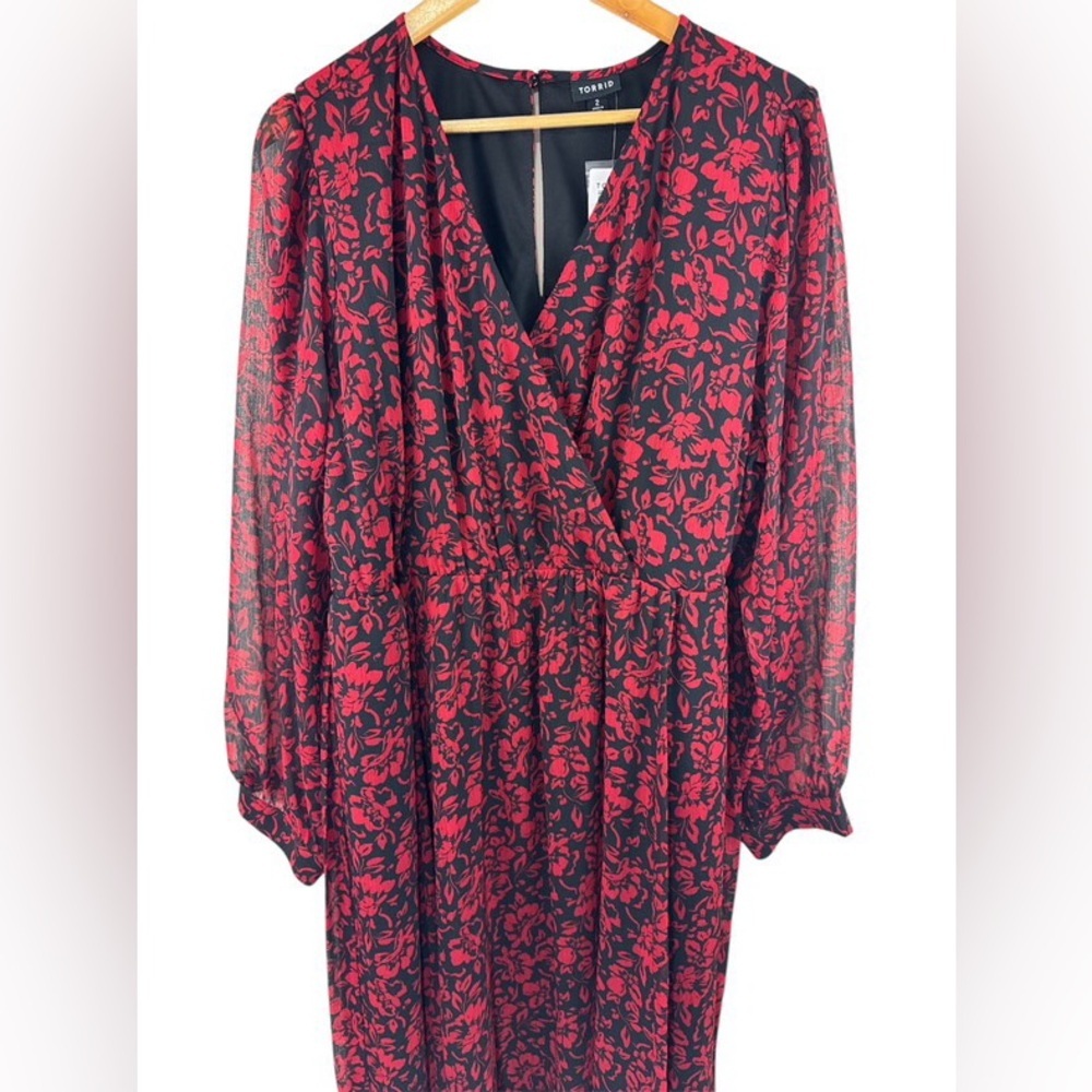 Torrid Midi Crinkle Chiffon Surplice Balloon Sleeve Dress Floral Black Size 2X - Picture 6 of 11